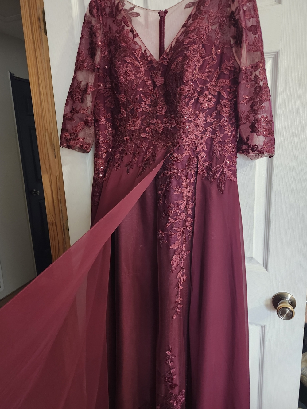 JJs House Wine Red Long Sleeve Lace Applique Evening Gown